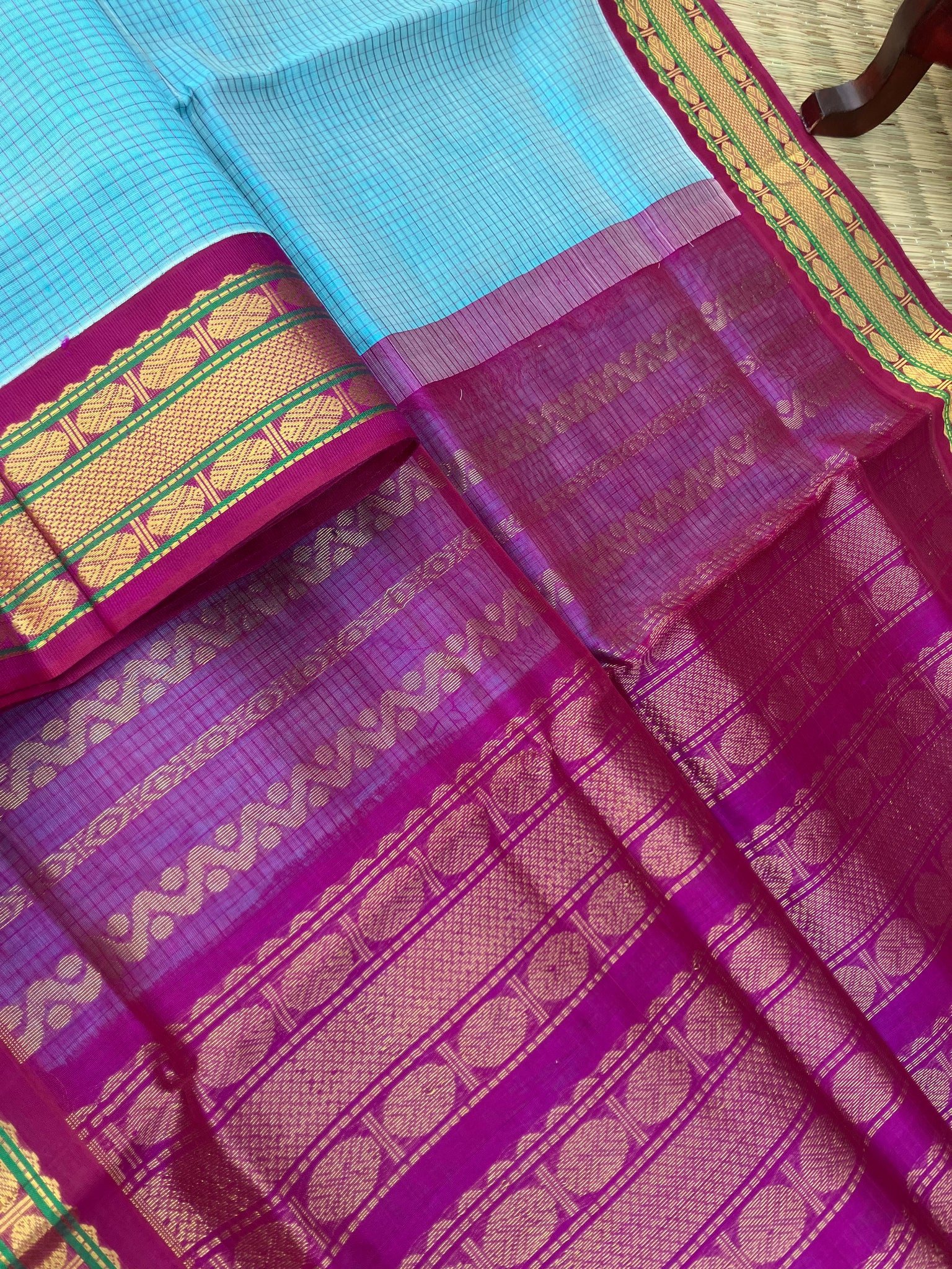 Korvai Silk Cotton - baby blue and majentha podi kattam