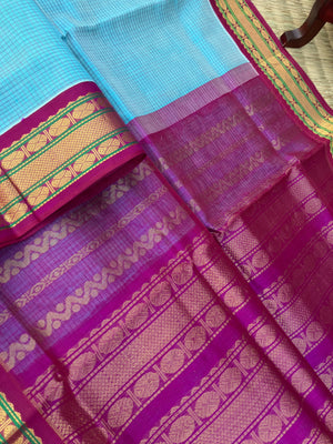 Korvai Silk Cotton - baby blue and majentha podi kattam