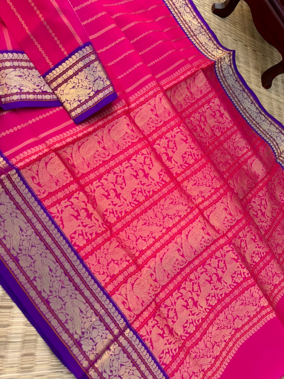 Zari Kissed Silk Cotton -rani pink and vertical veldhari