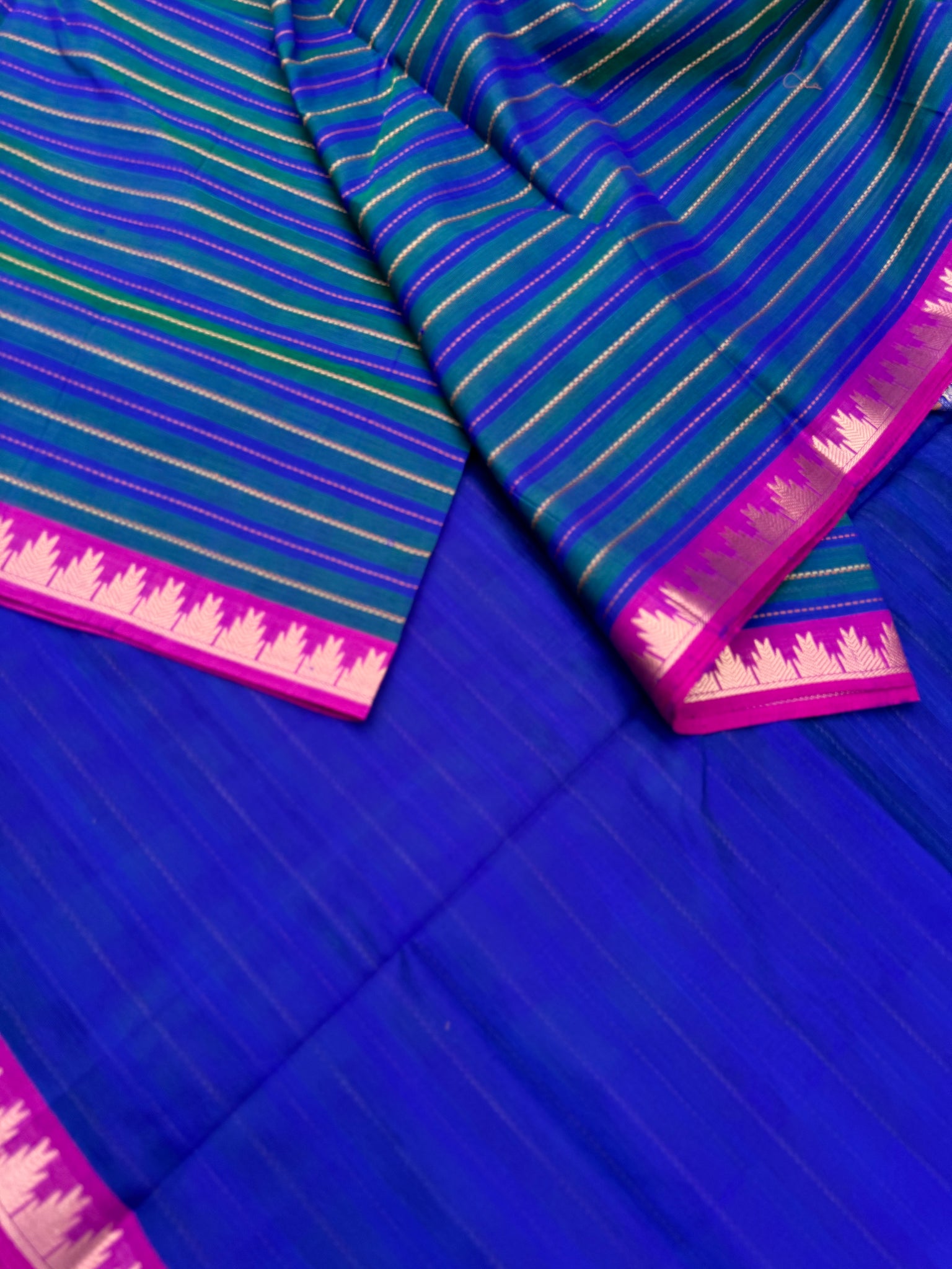 Woven Motifs Silk Cotton - stunning peacock blue green muthu veldhari for people who love small borders