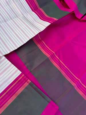 Recipe of Rarest Korvai Kanchivaram - off white stripes woven body with pink and short green korvai borders