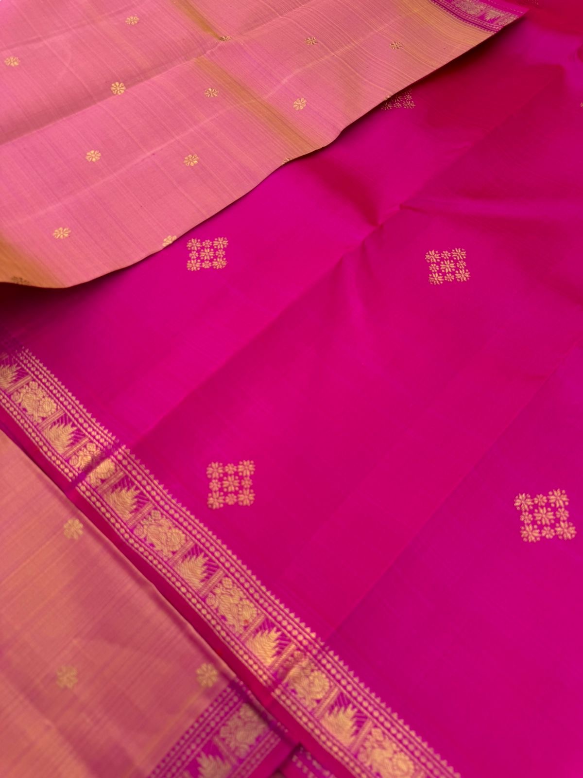 Leela - The bliss of small border Kanchivarams - a peach and pink with different styles buttas woven pallu and blouse