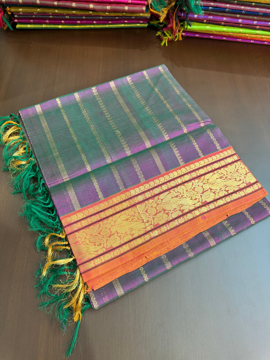 Vertical Veldhari on Zari Kissed Silk Cotton - when green and violet mixed together