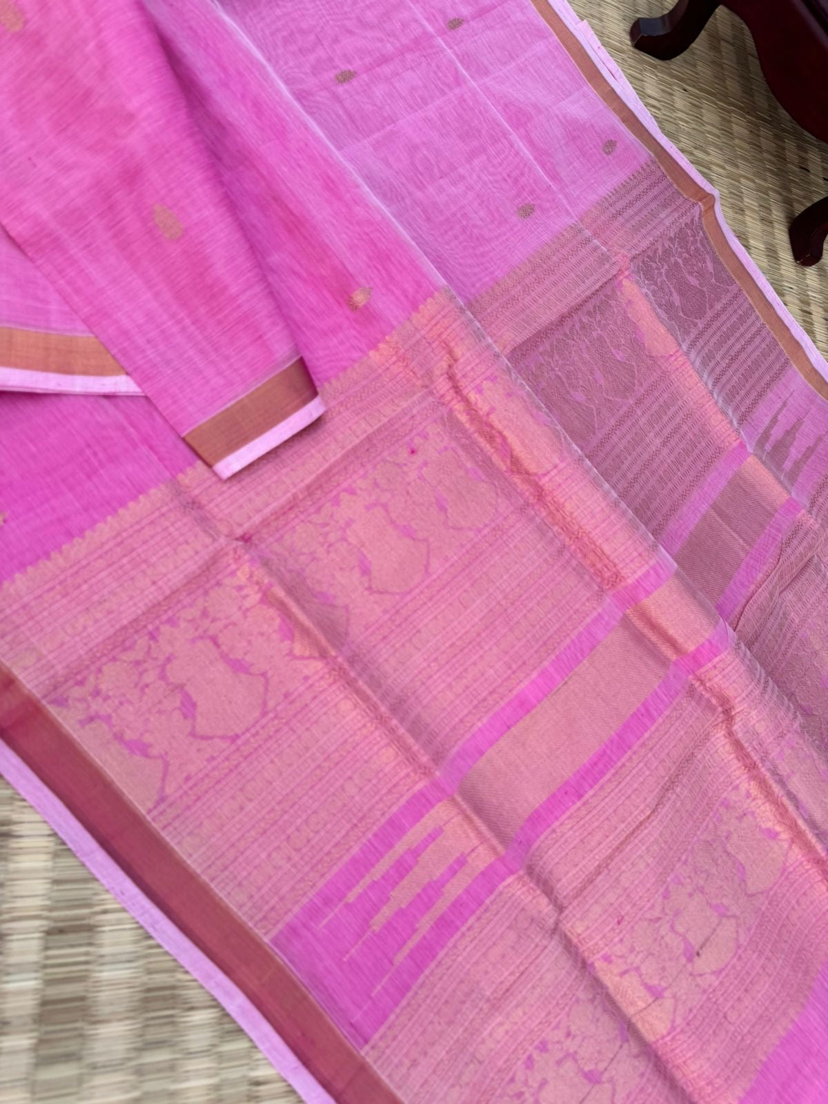 Pastels on Zari Kissed Silk Cotton - pastel rose milk pink with one inch tissue borders