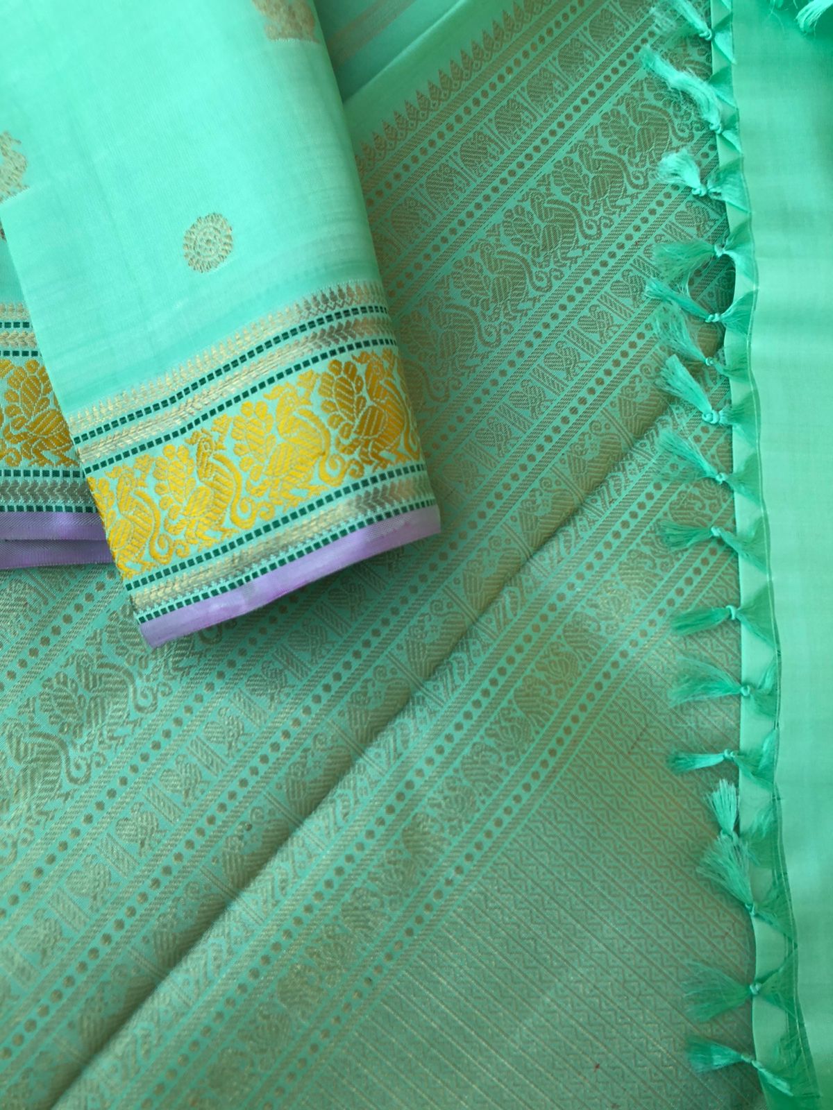 Pastel Ragas on Kanchivaram -soo beautiful soo elegant pastel pista ice cream tone body with mustard silk thread woven borders with gold zari woven intricate pallu