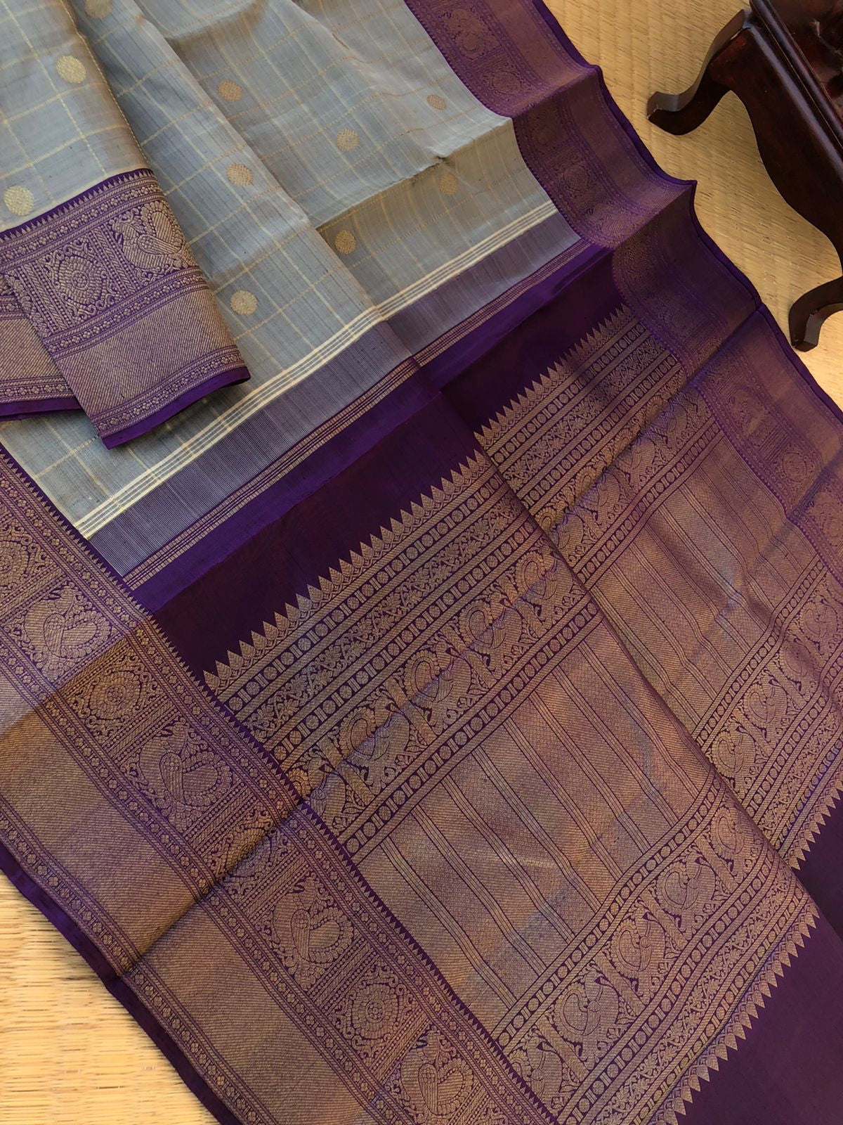Antique Touch Kanchivarams - the unusual grey and deepest violet korvai with chex and buttas