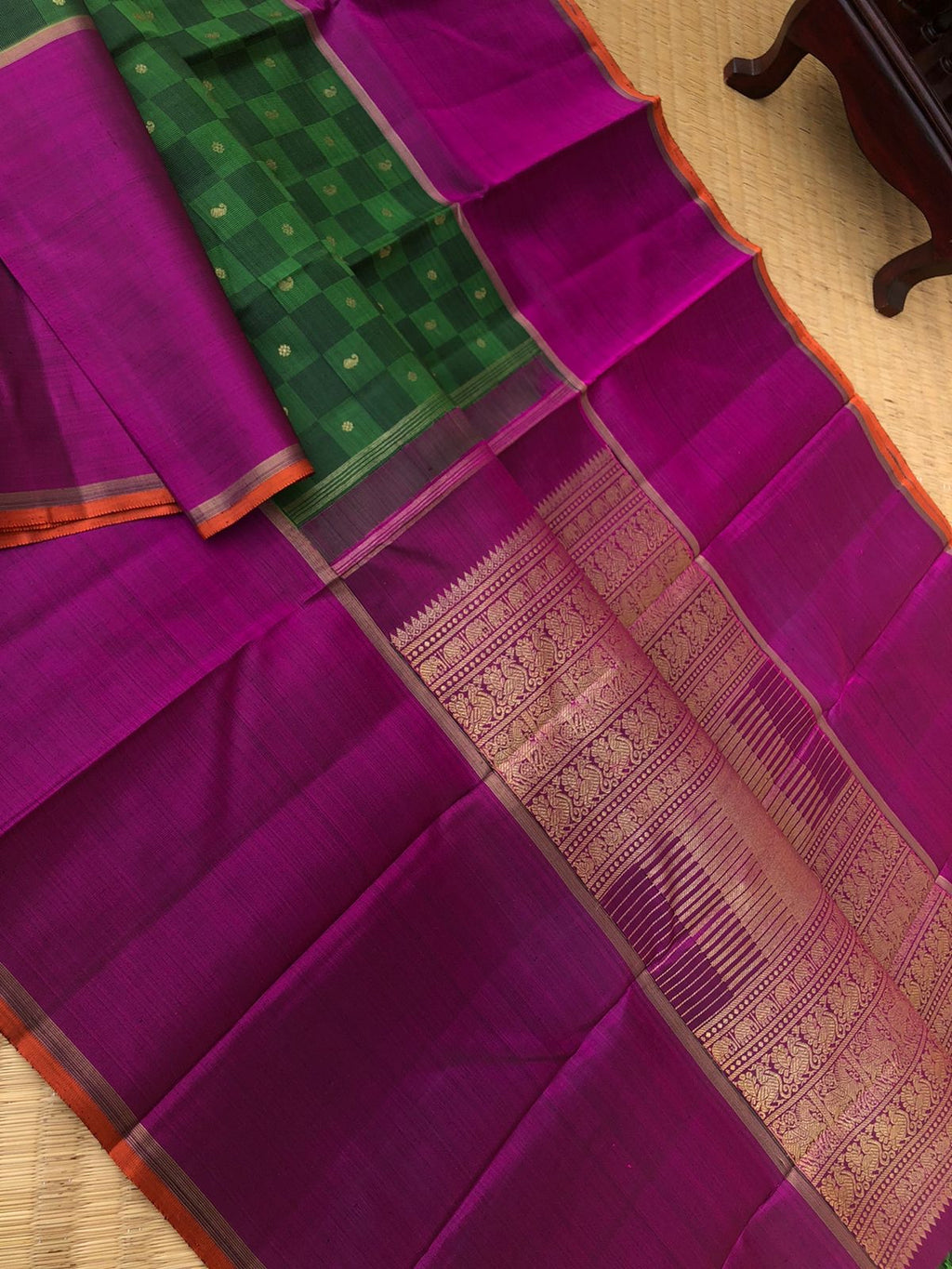 Kamakshi - Festive Kanchivaram - the Meenakshi green and majenta mat design Kanchivaram for people who love broad borders with beautiful woven pallu