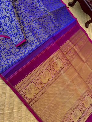 Haritham - Heirloom Yarn Play on Kanchivaram - stunning blue and mustard buttad vanasingaram