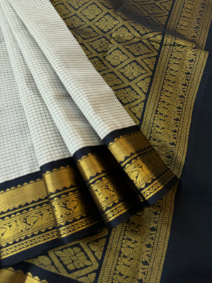 Korvai Silk Cotton - pale off white and black podi kattam
