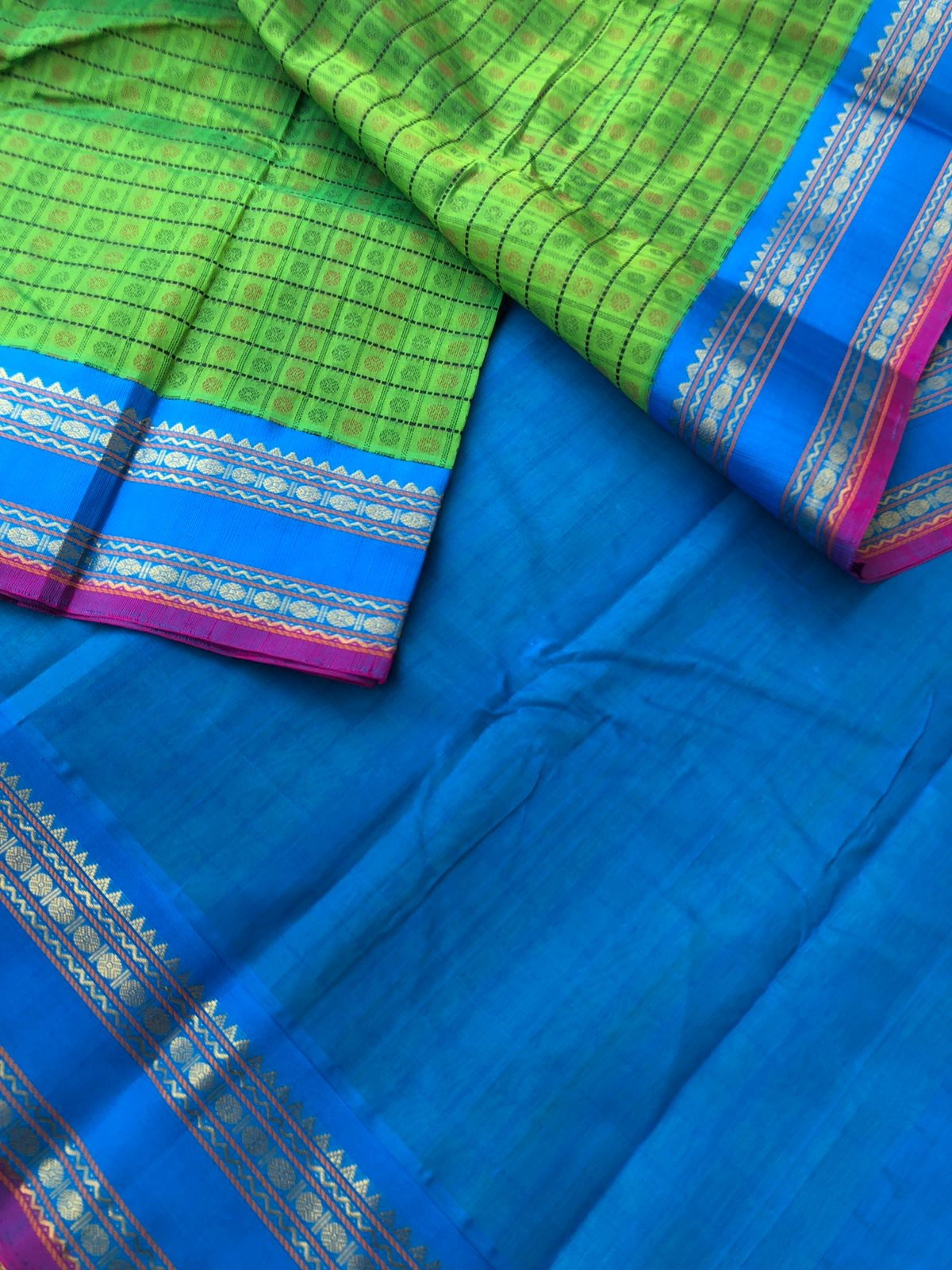 Divyam - Korvai Silk Cotton with Pure Silk Woven Borders - apple green and blue intricate 1000 buttas