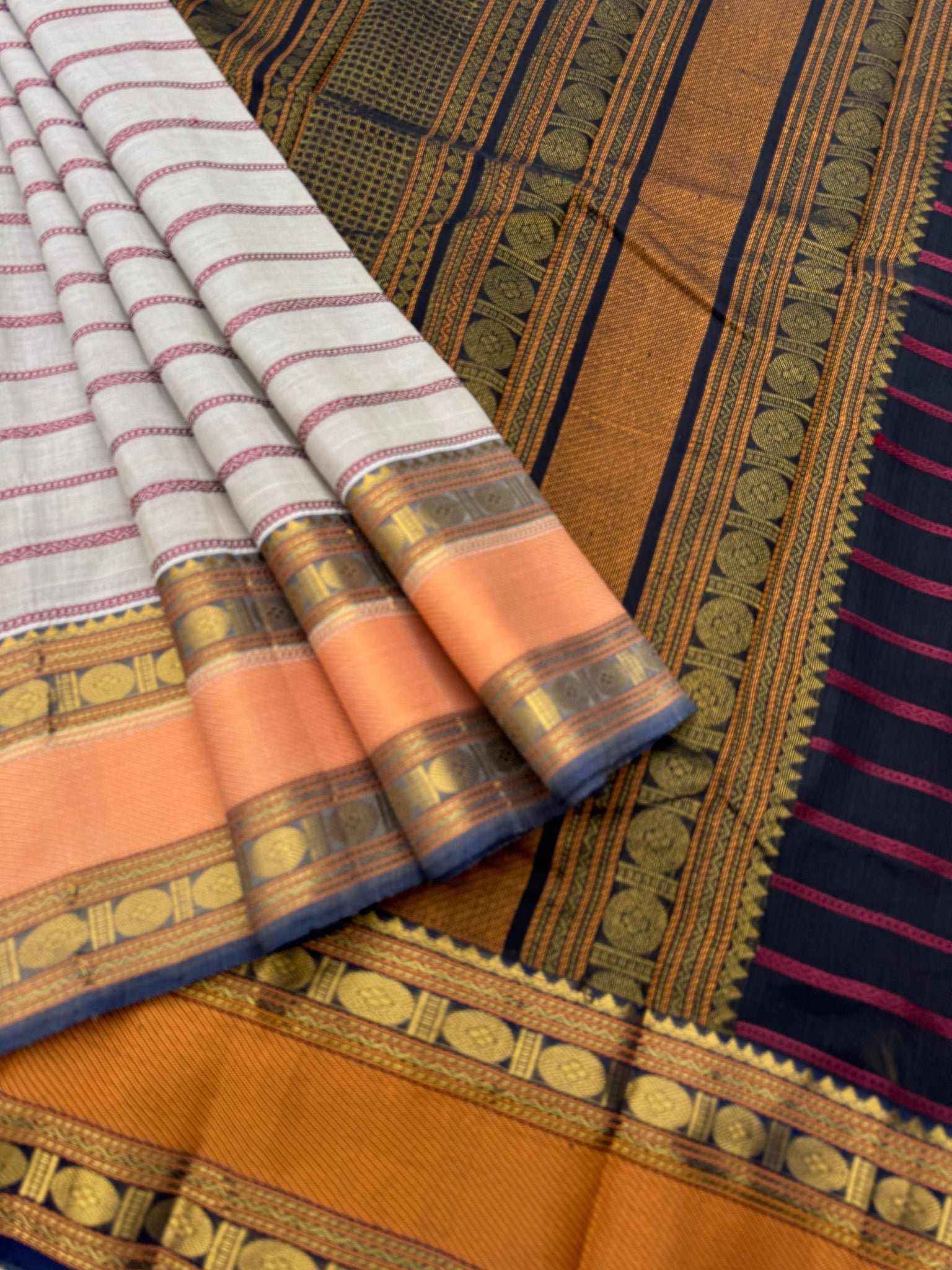 Woven Motifs Silk Cotton - dusky off white greyish tone veldhari with rudurakasham woven retta pett borders