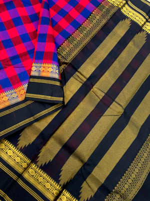 Korvai Silk Cottons -dark red and blue chex with black pallu and blouse