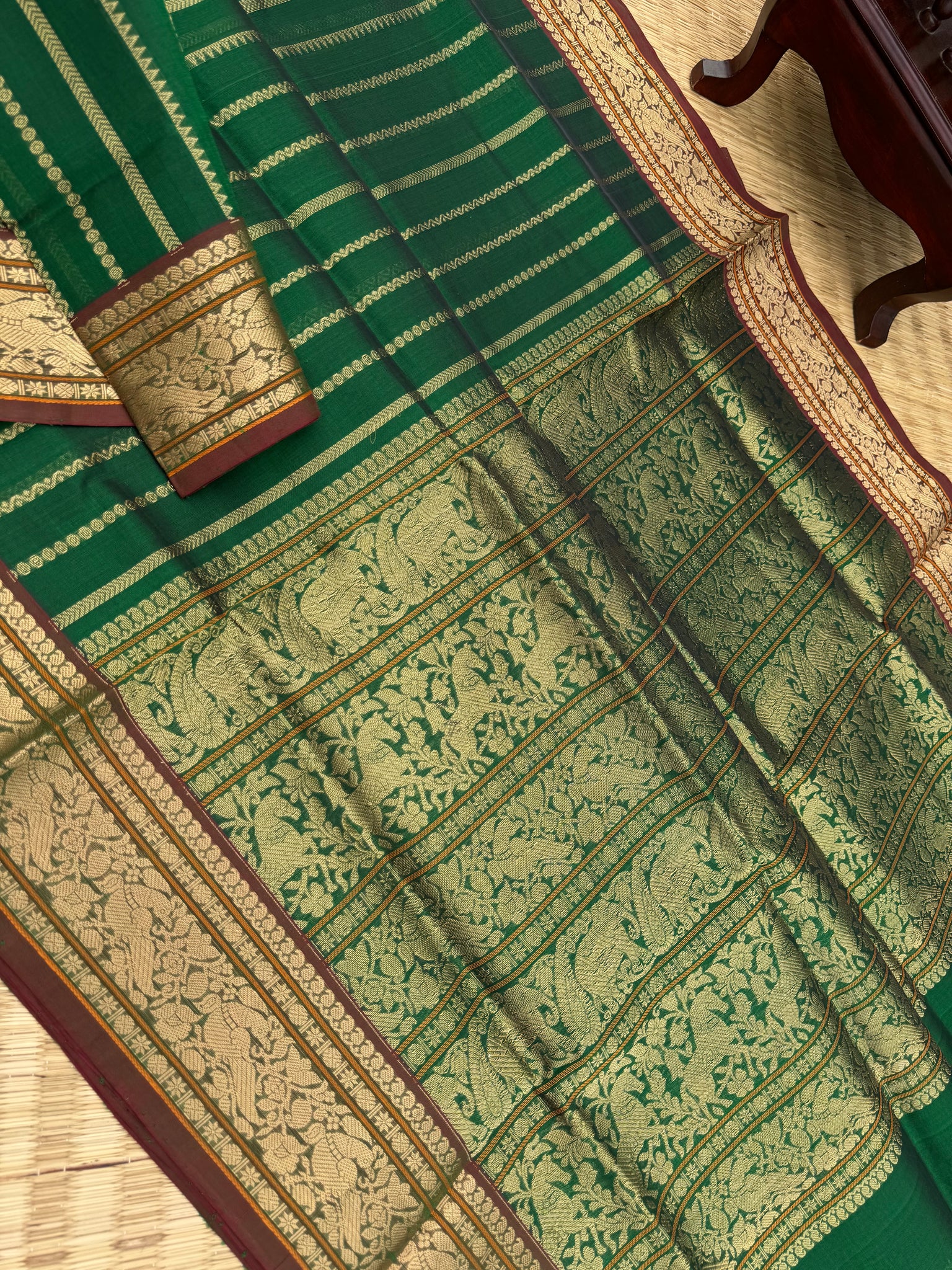 Zari Kissed Silk Cotton - a stunning meenakshi green vertical veldhari