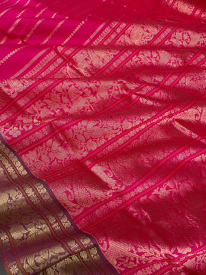 Zari Kissed Silk Cotton - reddish pink vertical veldhari with parrots woven borders