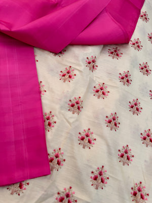 Niram - Celebrating of Full Plain Kanchivaram Silks Paired with Beautiful Blouses - fuchsia pink with off white embroidered blouse