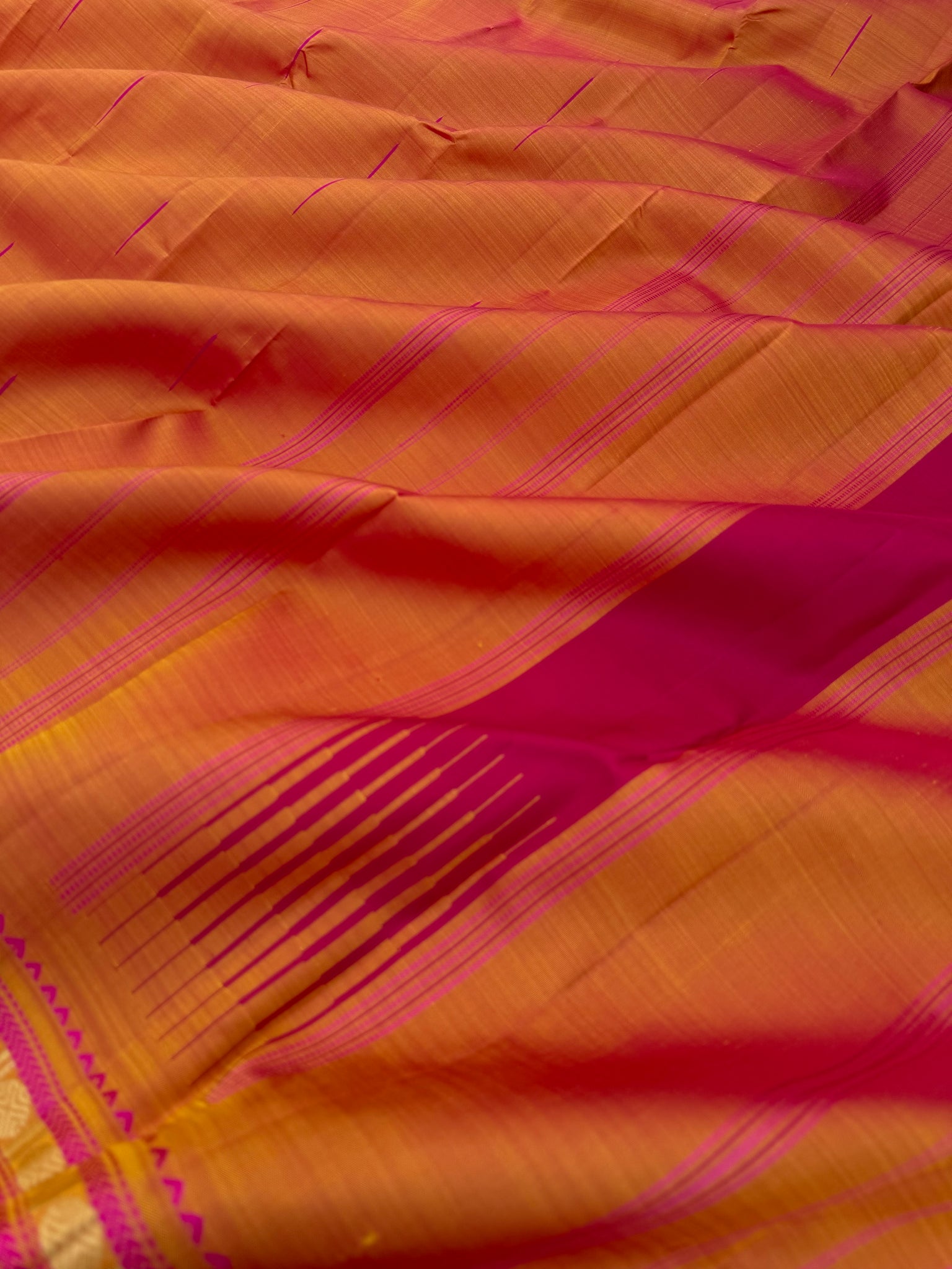 Woven from Memories - Stunning No Zari Kanchivarams - a rusty orange rain drops woven buttas with small classic vintage borders