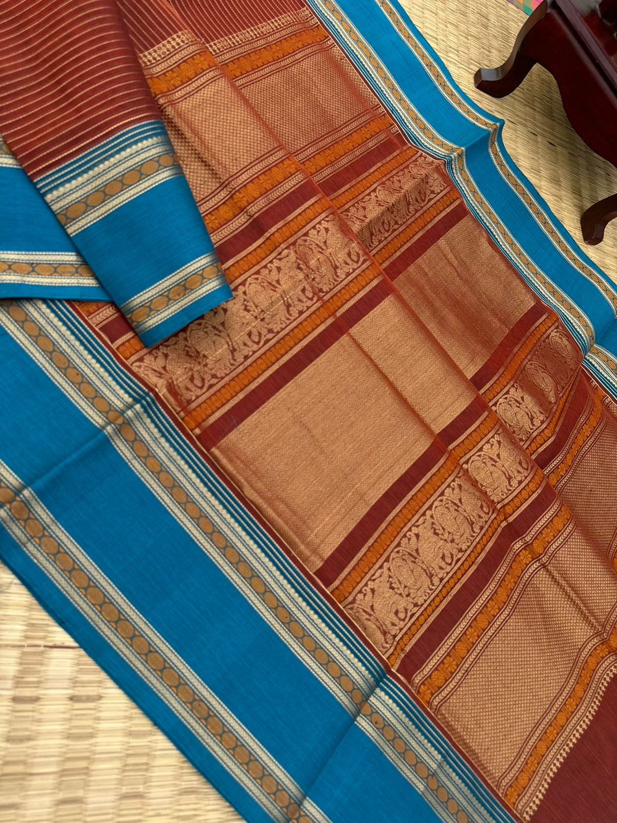 Dark Edition on Zari Kissed Silk Cotton - soil brown and burnt teal unusual oosi strips
