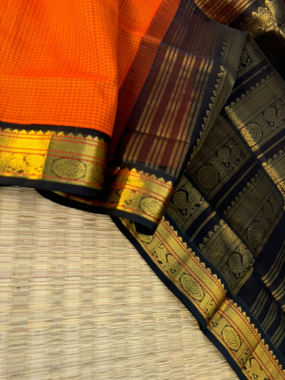 Korvai Silk Cottons - burnt orange and black podi kattam