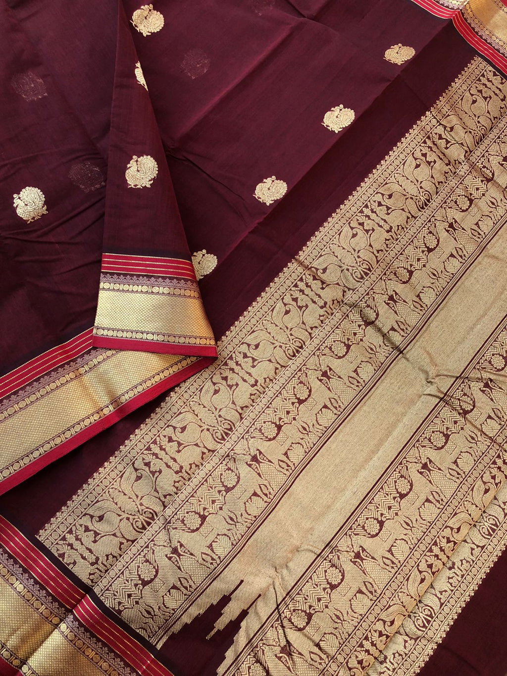 Mangalavastaram - Zari Touched - darkest deep maroon and moopula woven solid borders with annapakshi woven buttas