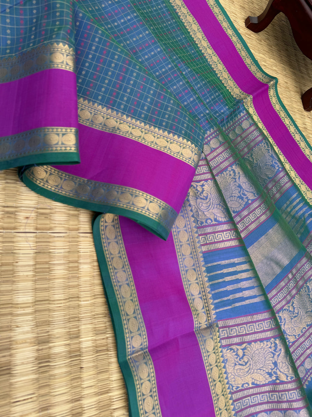 Woven Motifs Silk Cotton - a dual tone peacock blue green lakshadeepam