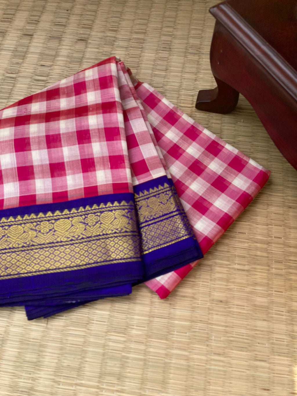 Paalum Palamum Kattams Korvai Silk Cottons - off white and deep pink chex with ink blue