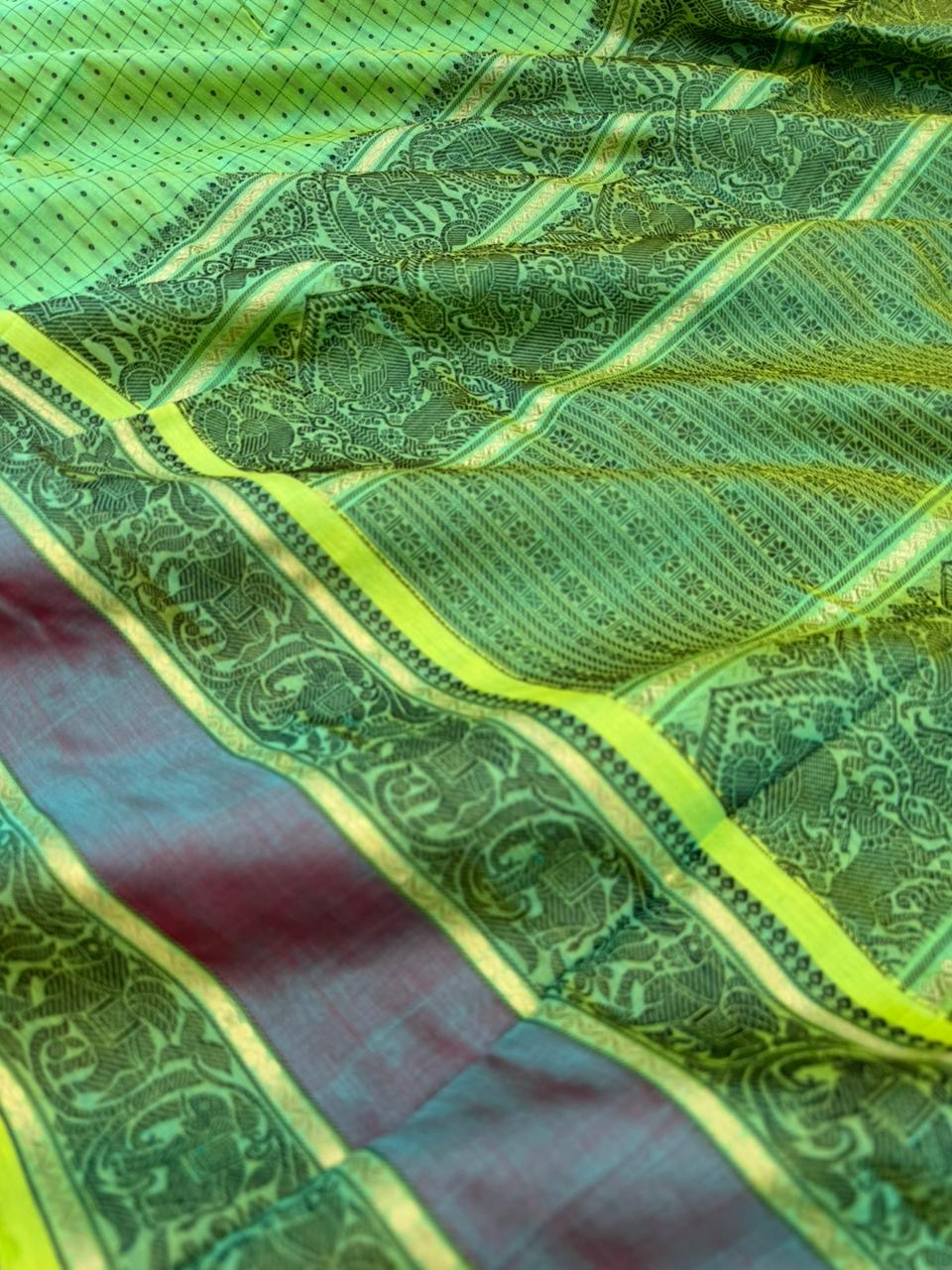 Woven Motifs Silk Cotton - pale fluorescent green lakshadeepam with broad borders