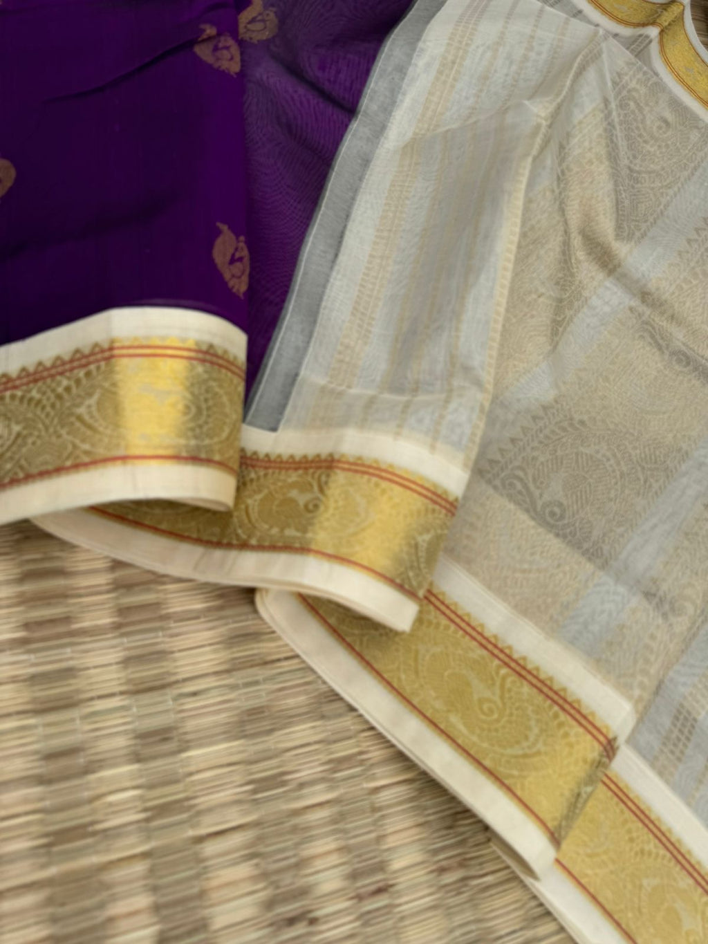 Korvai Silk Cottons - deep dark brinjal purple and off white