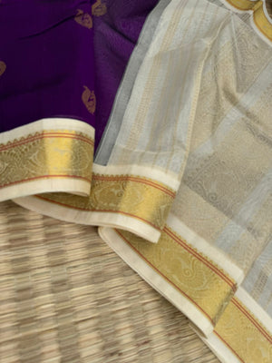 Korvai Silk Cottons - deep dark brinjal purple and off white