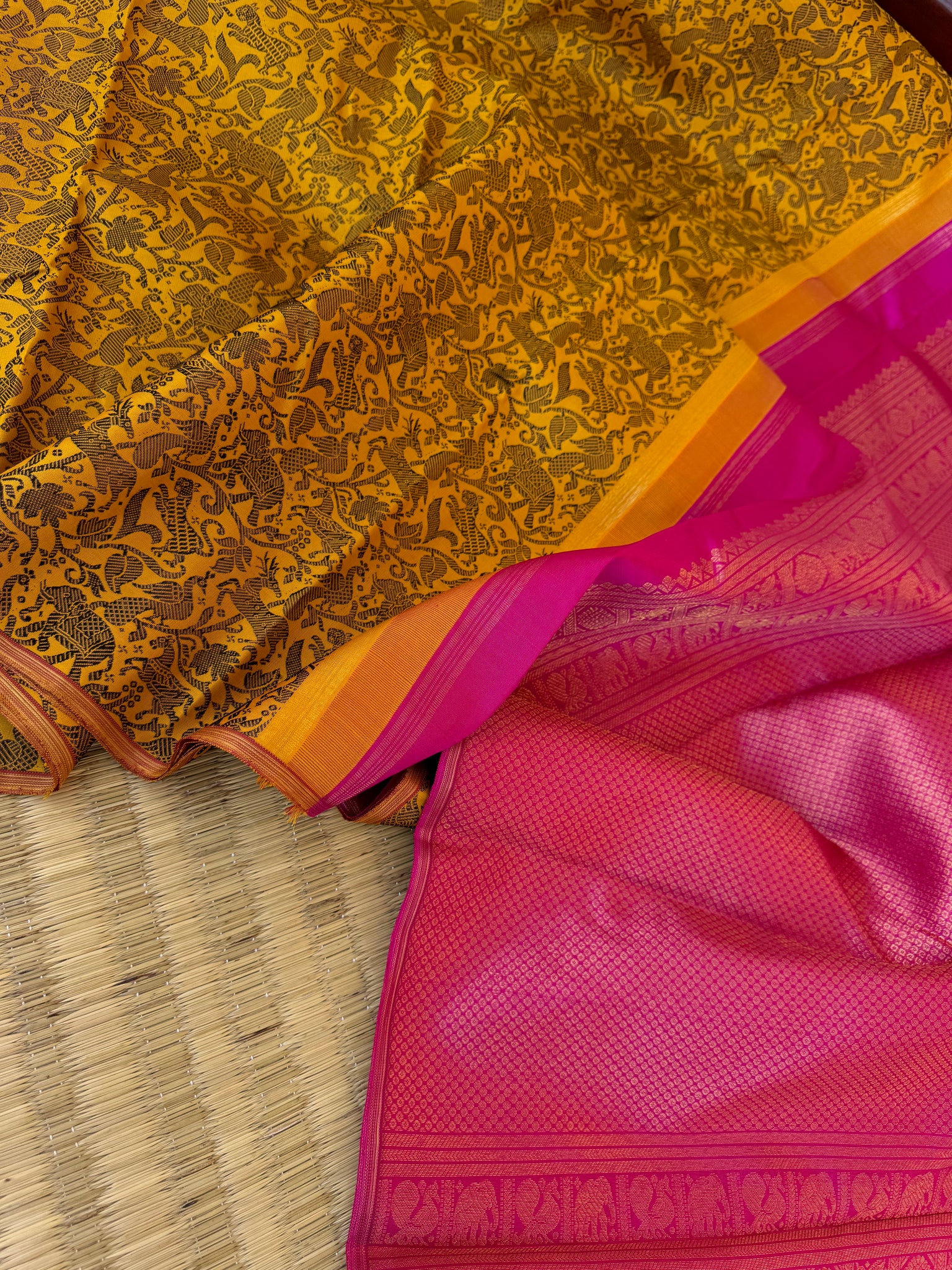 Haritham - Heirloom Yarn Play on Kanchivaram - mustard black vanasingaram ! With pink pallu and blouse
