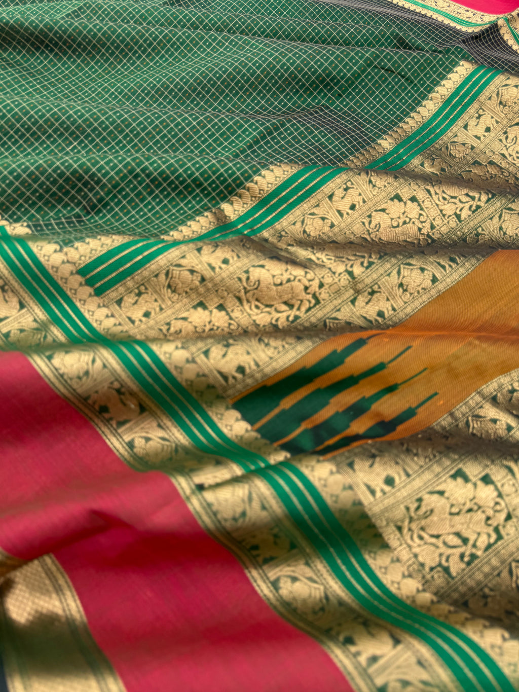 Woven Motifs Silk Cotton - a deep meenakashi green lakshadeepam