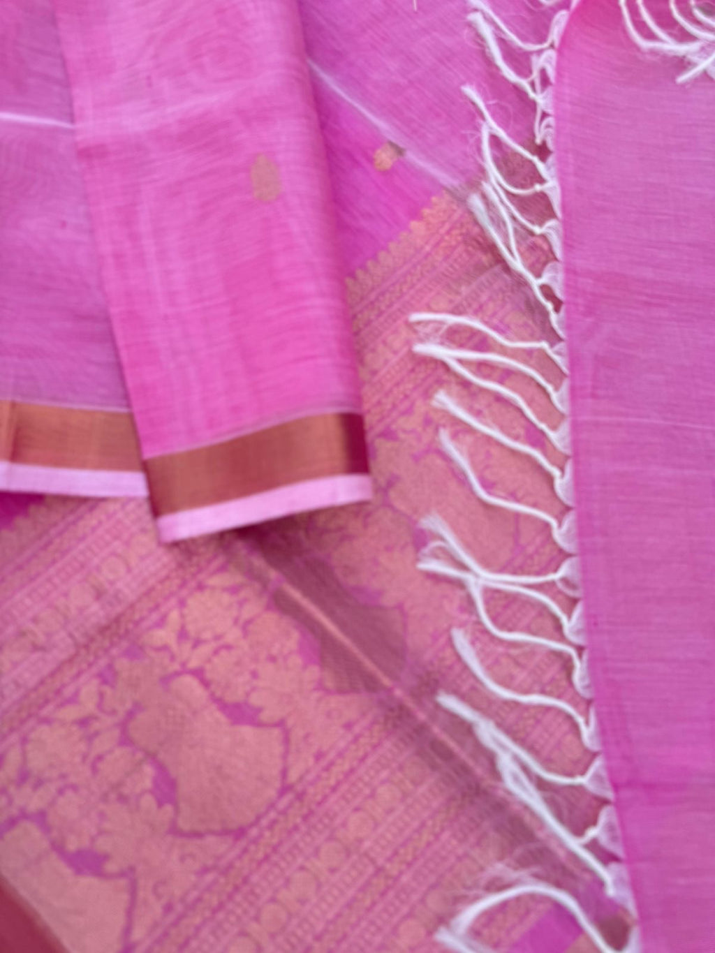 Pastels on Zari Kissed Silk Cotton - pastel rose milk pink with one inch tissue borders