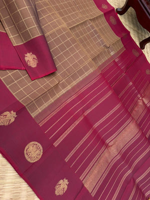 Kanchivaram Trunk - stunning chocolate brown tone chex body with aarku woven border buttas with yali and irruthalaipakshi borders