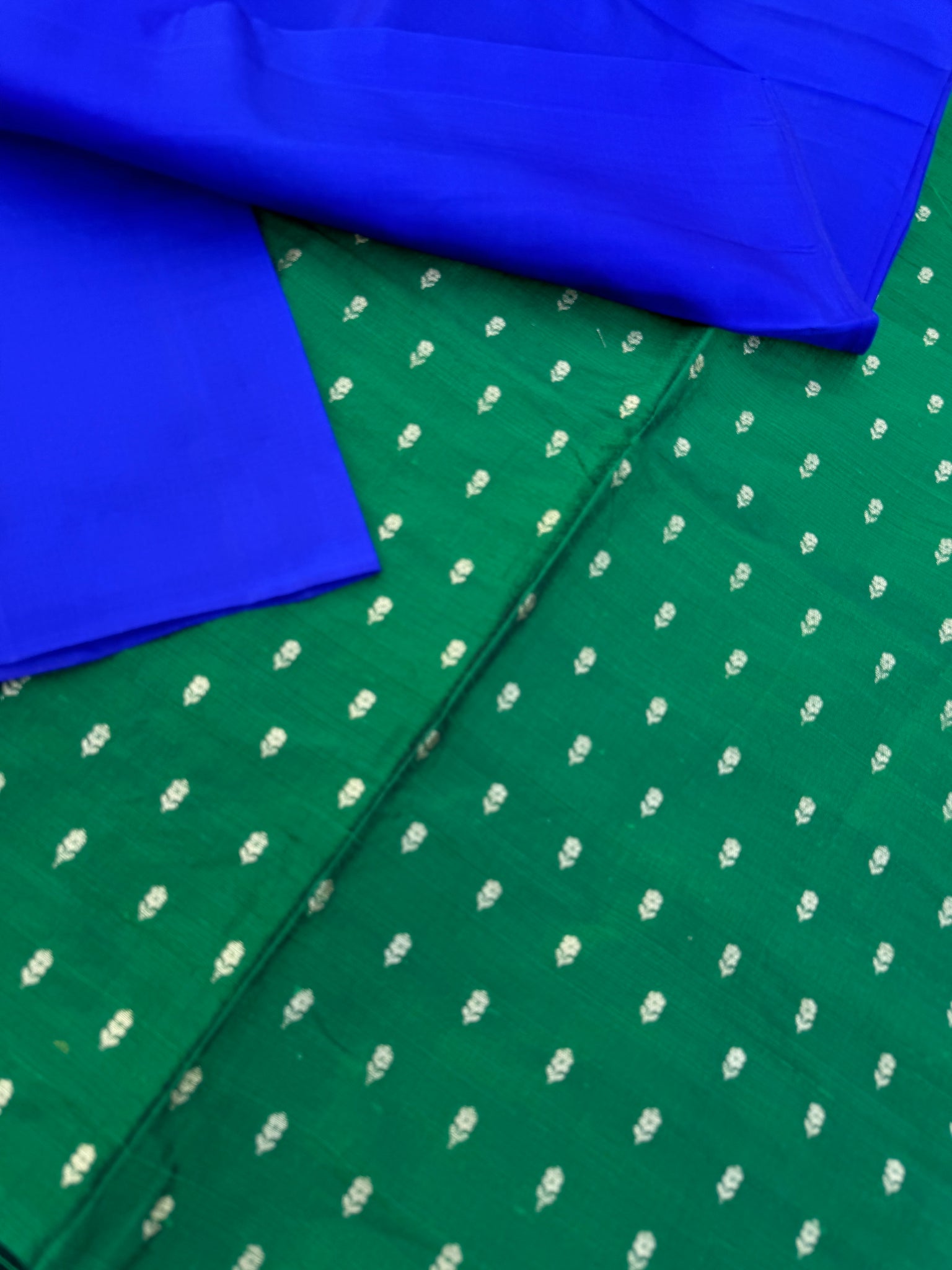 Niram - Celebration Colours of Full Plain Kanchivaram Silks Paired with Beautiful Contrasting Blouses - stunning royal blue with bottle green raw silk blouse