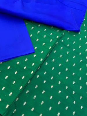 Niram - Celebration Colours of Full Plain Kanchivaram Silks Paired with Beautiful Contrasting Blouses - stunning royal blue with bottle green raw silk blouse