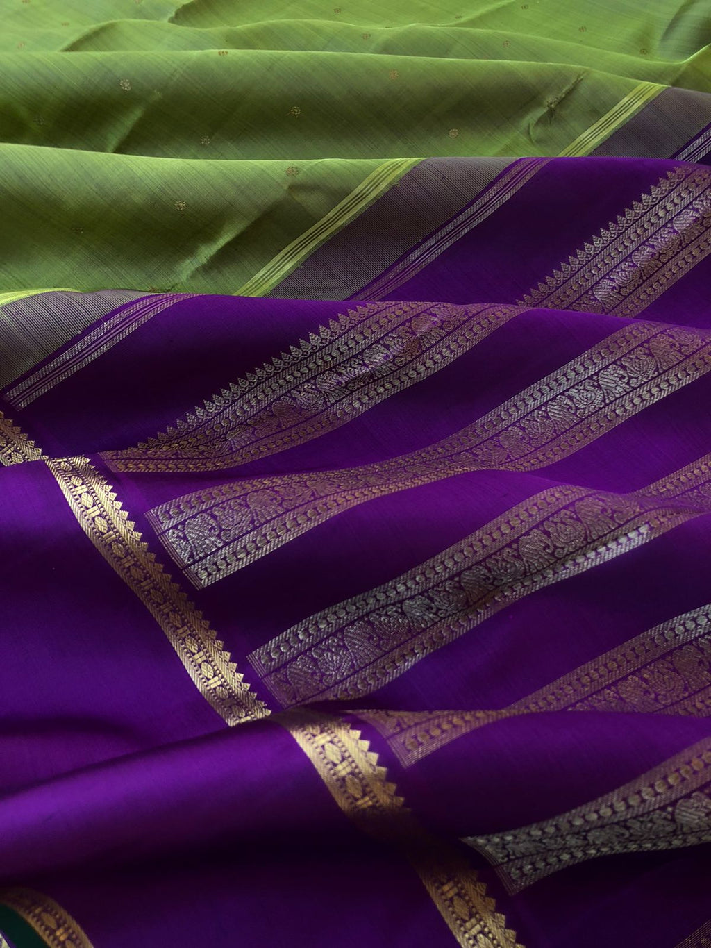 Leela - Limited Edition of Kanchivarams - omg woww combination of algae green with deepest purple pallu and blouse