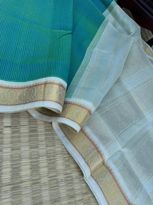 Korvai Silk Cottons -dual tone aqua blue green podi kattam with off white pallu and blouse