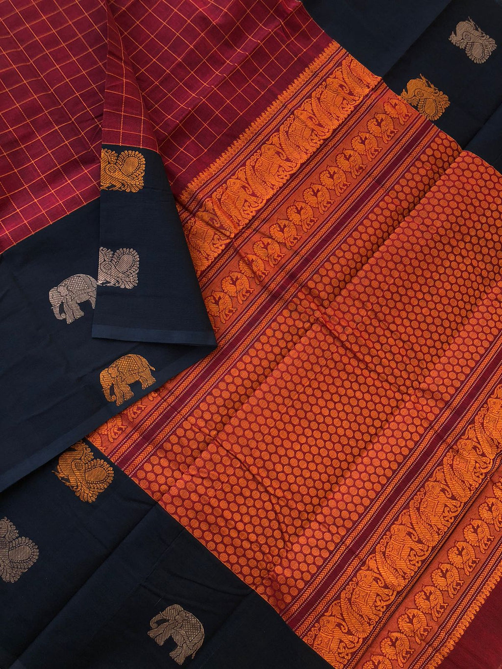 Mangalavastaram - the must have deep maroon and black with muthukattam woven body with buttas woven borders