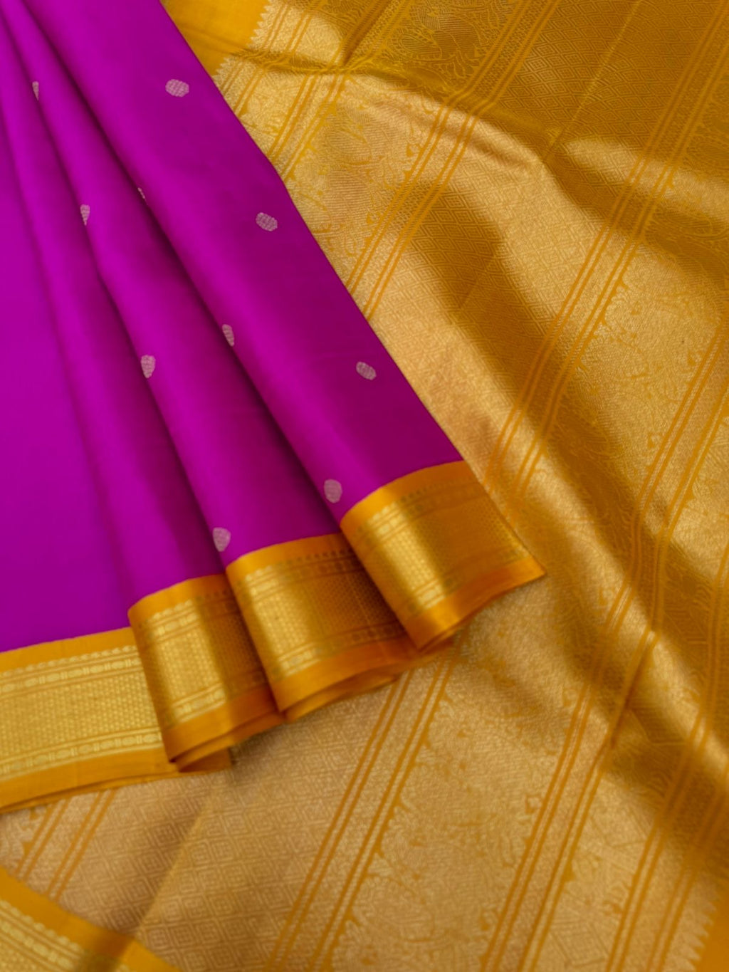 The Korvai Vibes - Authentic Korvai Kanchivaram - deep dark traditional kanchivaram pink and golden mustard