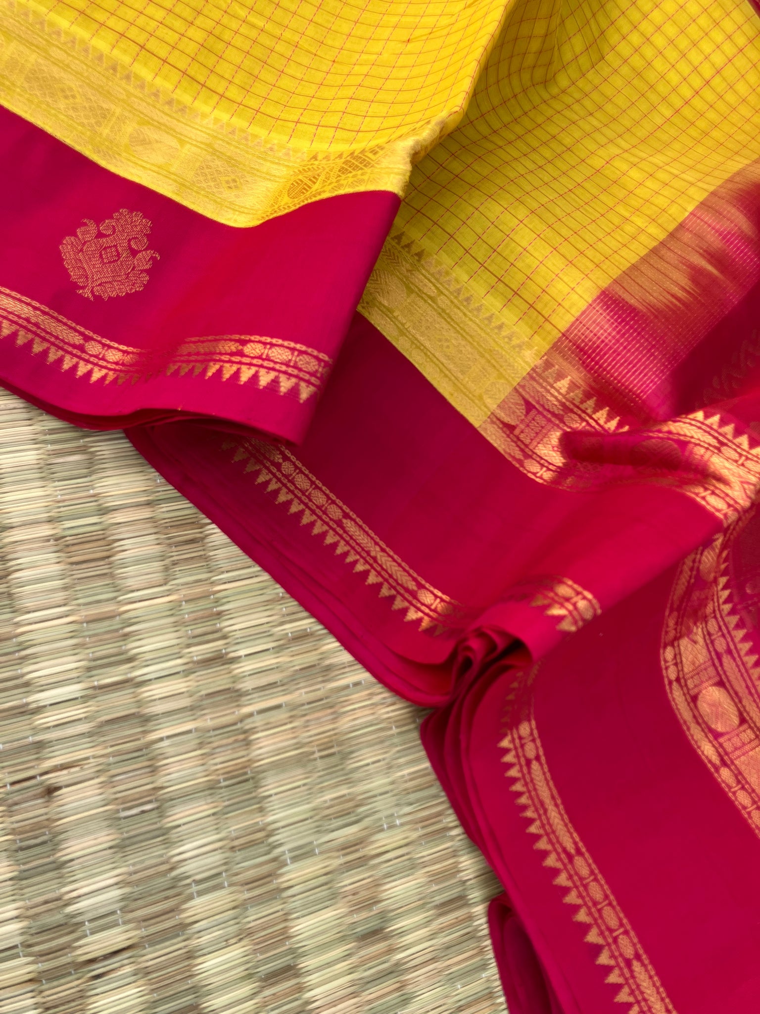 Korvai Silk Cotton - sunflower mustard and red podi kattam