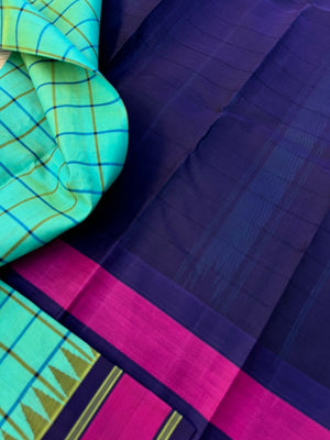 Signature Silk Cotton -aqua blue body and navy blue pallu and blouse