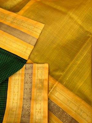 Korvai Silk Cotton - deep algae green and golden mustard zari kattam