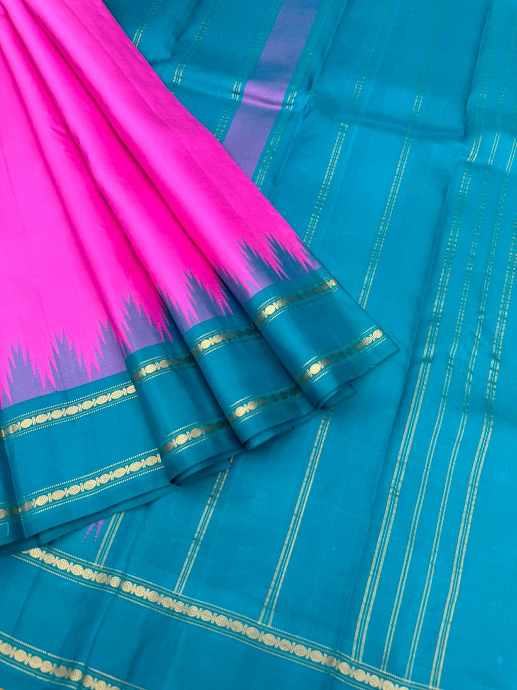 Rarest Korvai Kanchivaram - stunning rose milk pink and teal with retta pett woven borders