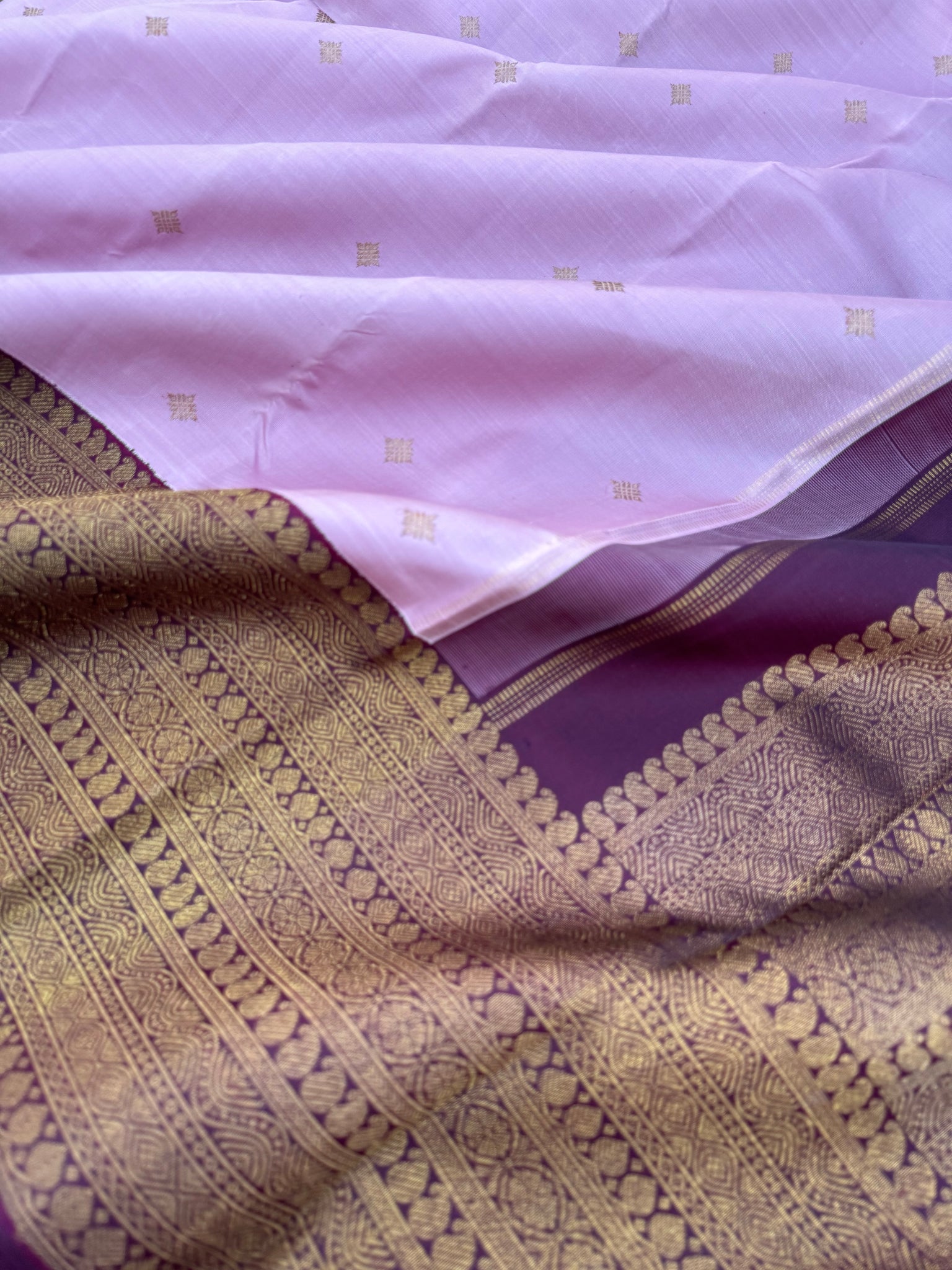 Pastel Kanchivarams - lilac and burgundy morning evening korvai antique zari woven varusai pett borders