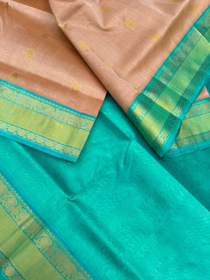 Korvai Silk Cottons - stunning beige and turquoise with woven buttas