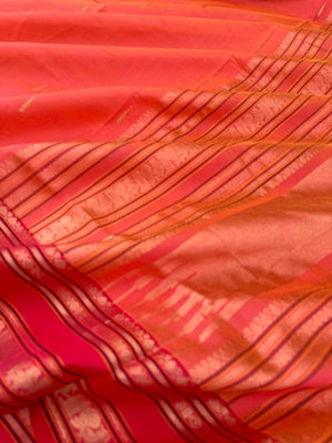 Zari Kissed Silk Cotton - a peach kanakambaram rain drop woven buttas