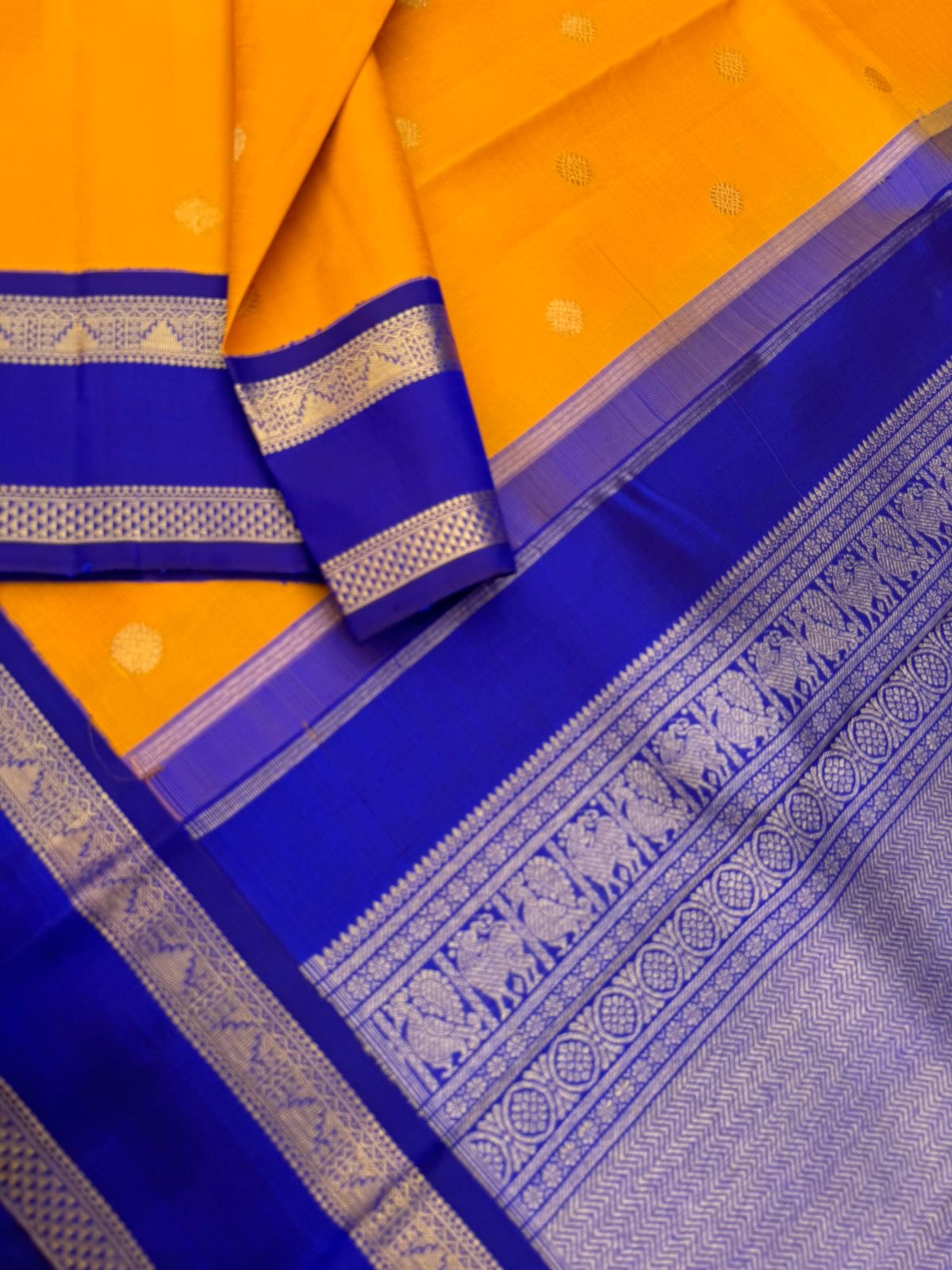 Colour Play on Kanchivaram - stunning yellow and ms blue korvai kanchivaram with retta pett woven perfect borders