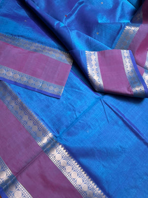 Zari Kissed Silk Cotton -different blue with center buttas woven pallu