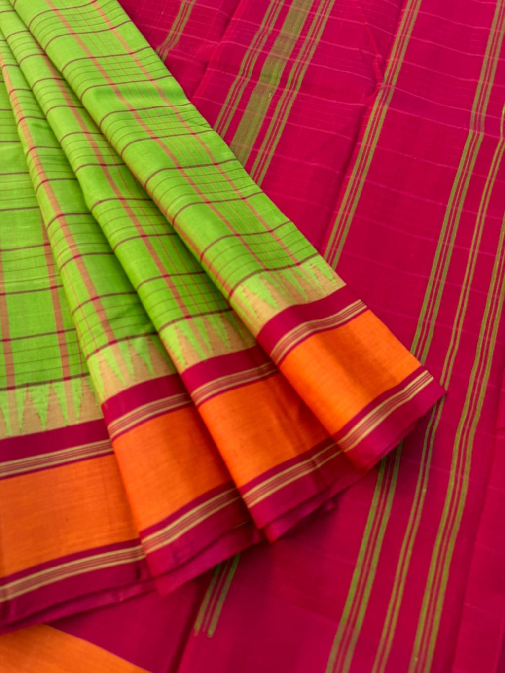 Signature Silk Cotton - green and deep red with burnt orange borders