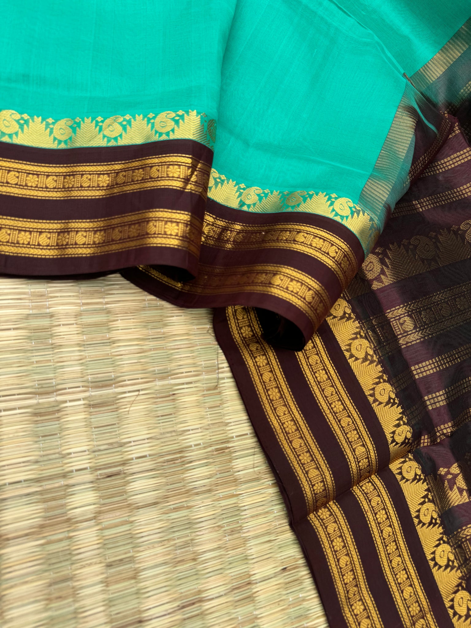 Korvai Silk Cotton - aqua blue and coffee bean