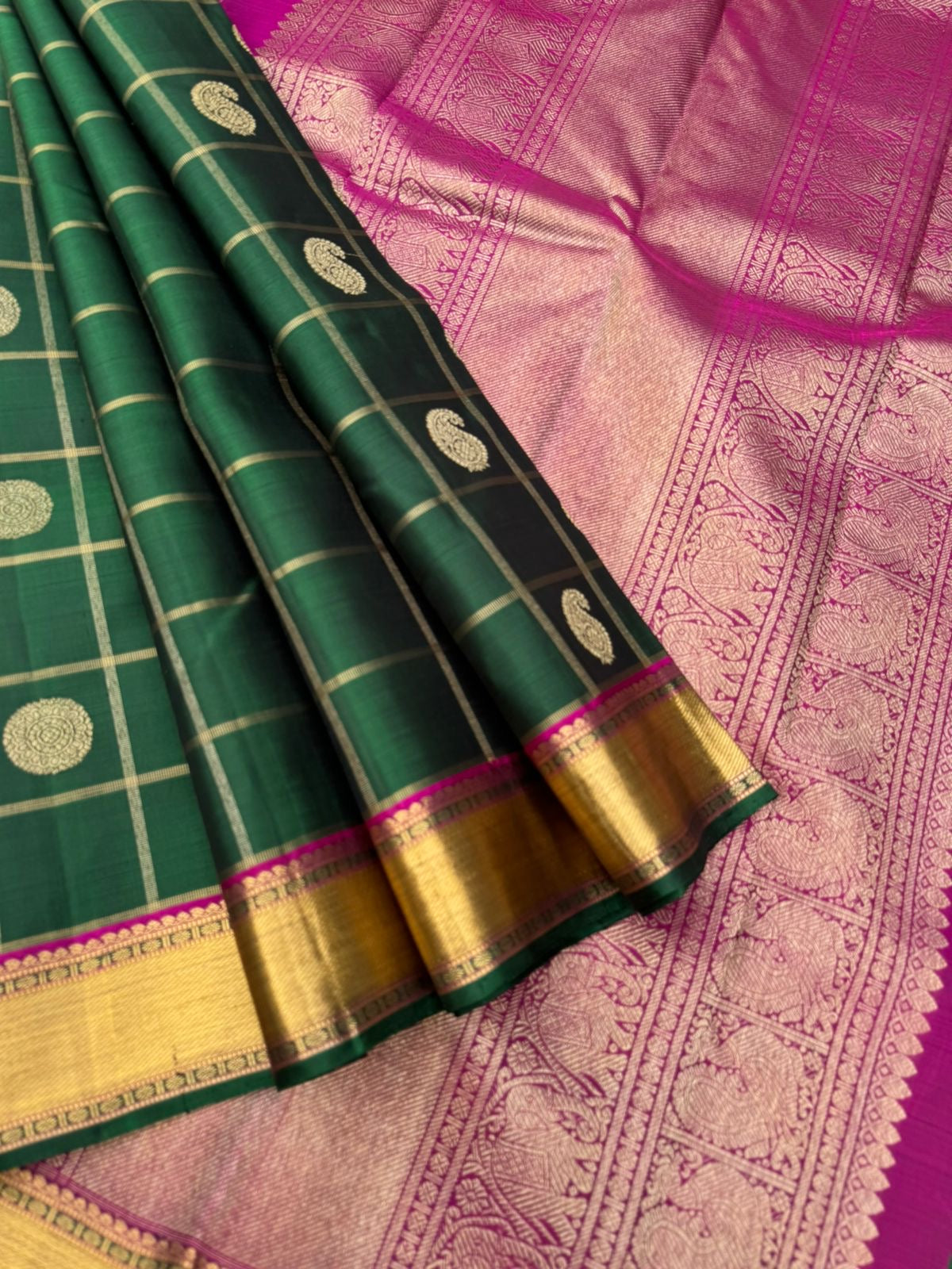 Kattam and Buttas on Kanchivaram - traditional meenakshi green and majentha with mayil chackaram buttas